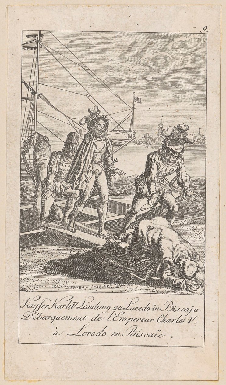 Landing van keizer Karel V in Biskaje, blad 9 uit de reeks "Oude, middeleeuwse en moderne geschiedenis" door Daniel Nikolaus Chodowiecki