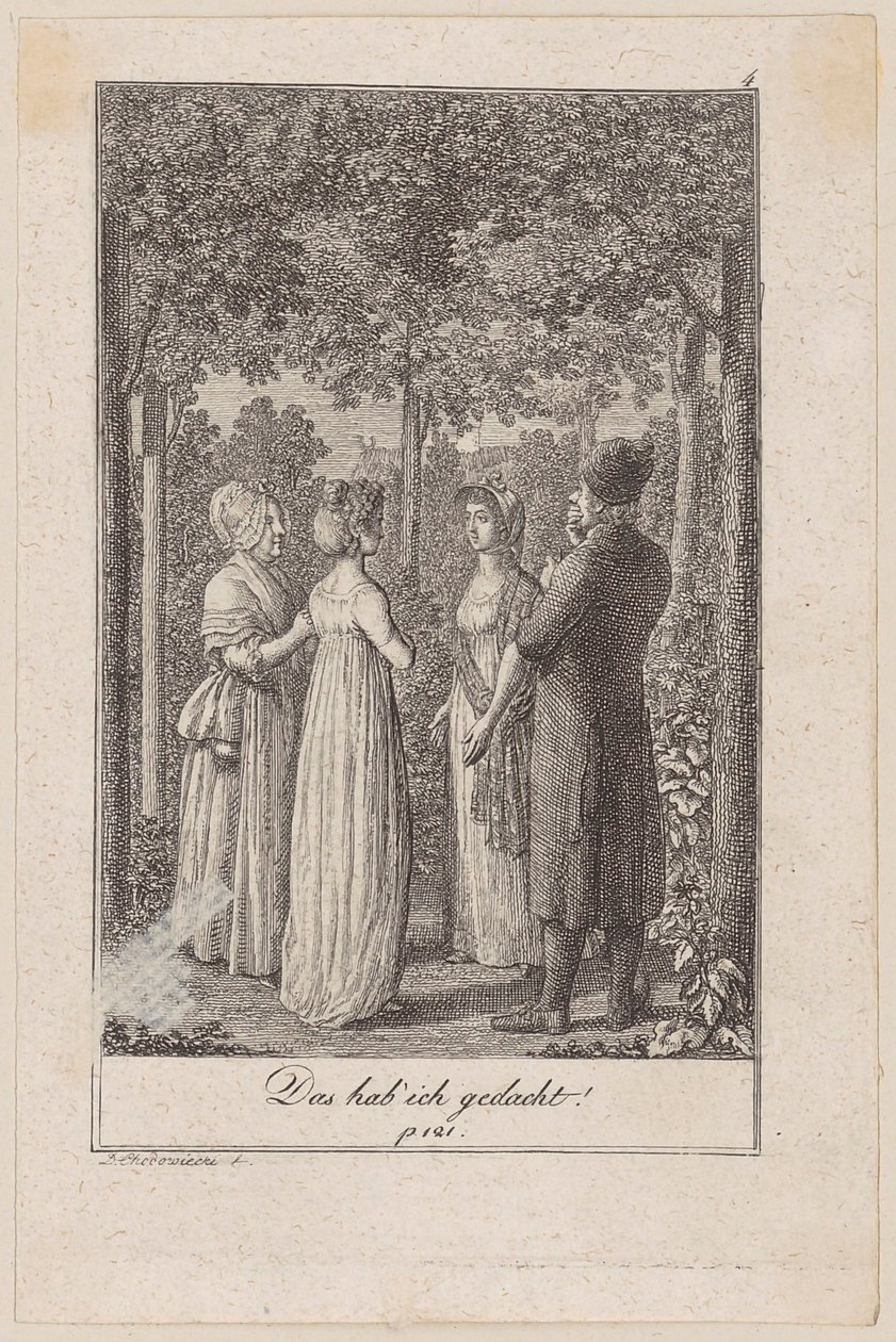 Lottchen bezoekt Minchen, die over haar ontmoeting met de landeigenaar vertelt, blad 4 uit de reeks “De roep naar de stad” door Daniel Nikolaus Chodowiecki