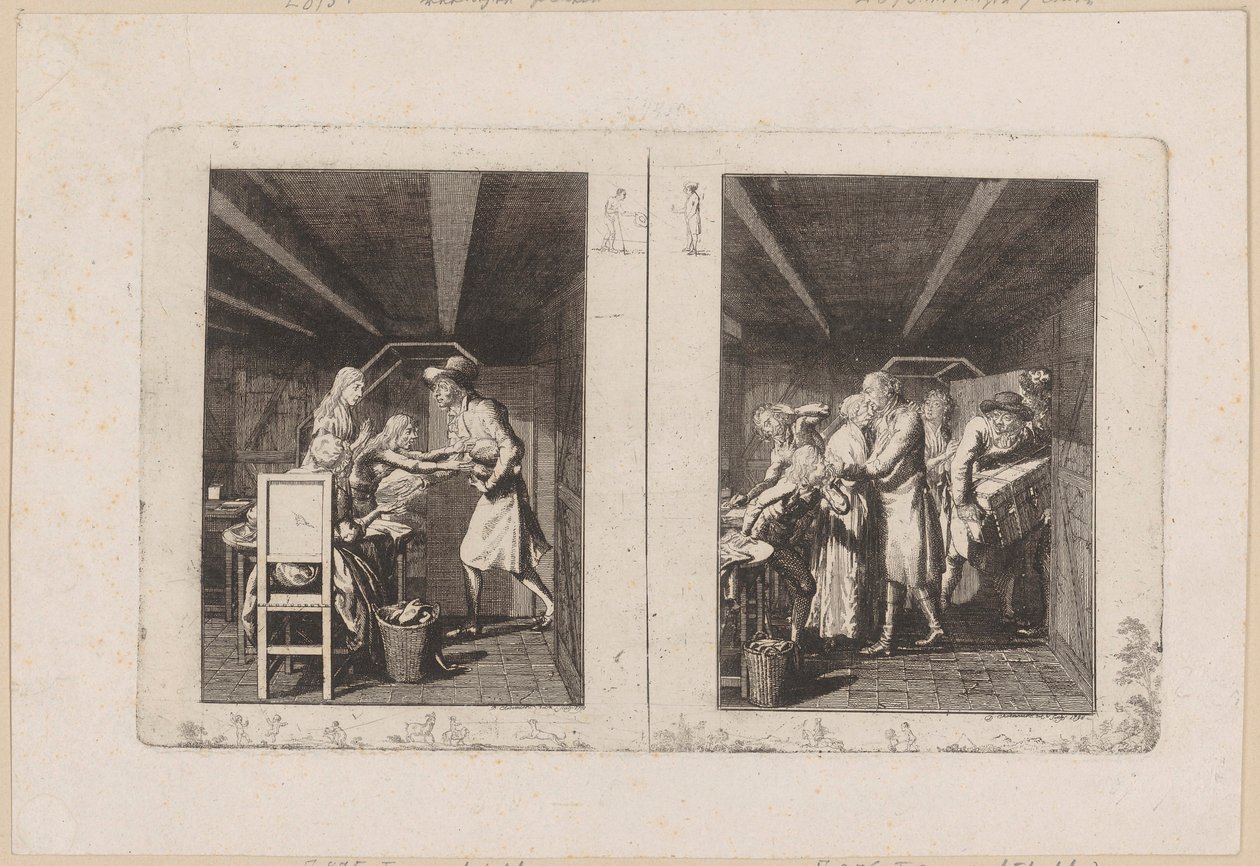 Ludwig onderhoudt het gezin schamel met zijn werk [links]; De vader keert verrijkt met schatten terug naar zijn gezin [rechts] door Daniel Nikolaus Chodowiecki