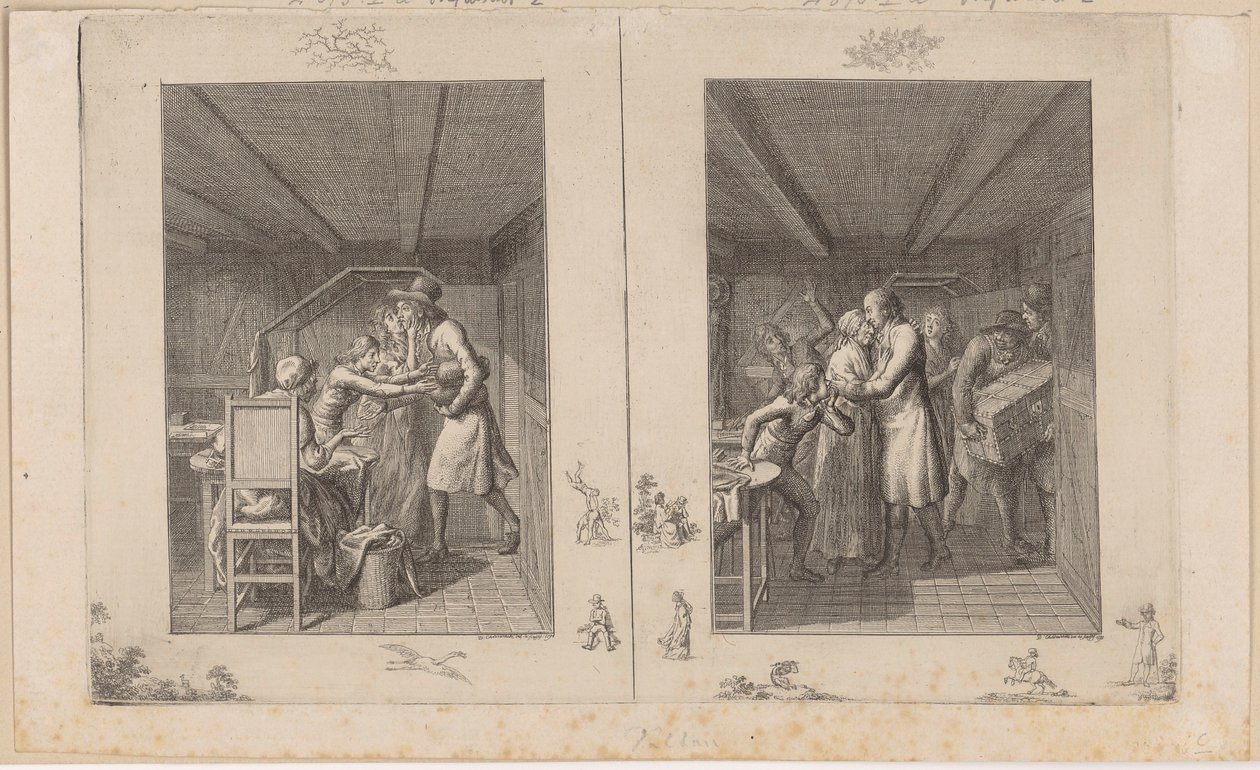 Ludwig onderhoudt het gezin nauwelijks met zijn werk [links]; De vader keert verrijkt met schatten terug naar zijn gezin [rechts] door Daniel Nikolaus Chodowiecki