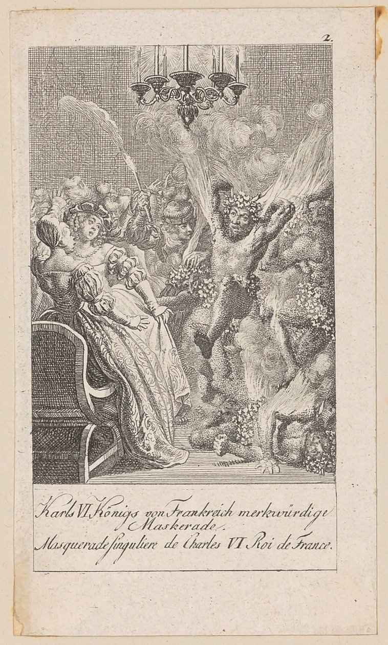 Opmerkelijke maskerade van Karel VI van Frankrijk, blad 2 uit de reeks „Oude, middeleeuwse en moderne geschiedenis” door Daniel Nikolaus Chodowiecki