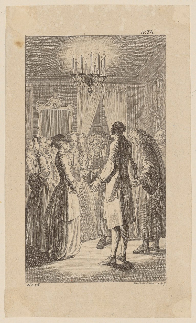 Juffrouw West, in de kamer van Comus, stemt in met de huwelijksschikking, blad 16 uit „Leven, opmerkingen en meningen van Johann Bunkel” door Daniel Nikolaus Chodowiecki