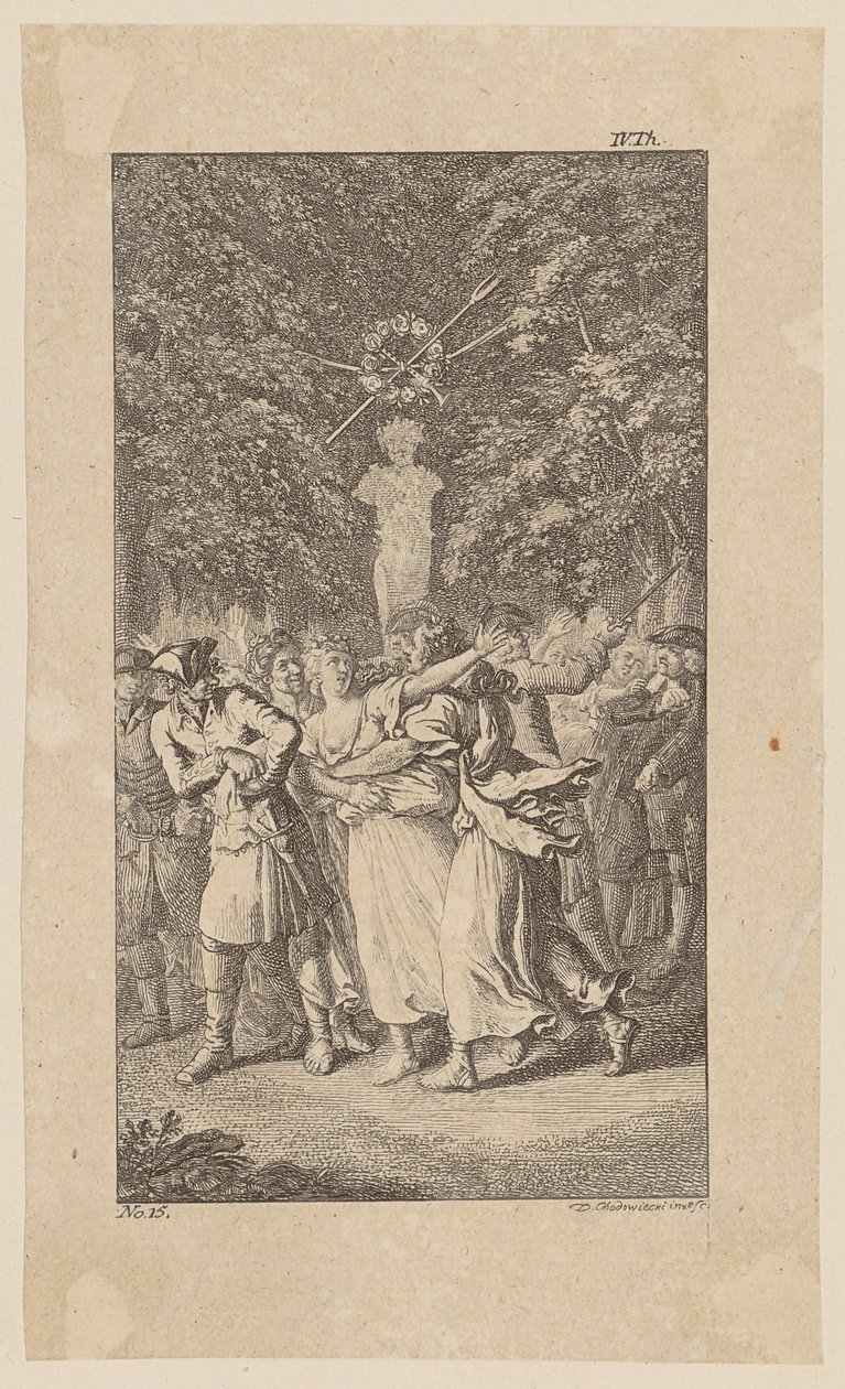 De ontvoering van juffrouw West tijdens een herdersspel van Molière in een bosje, blad 15 uit „Leven, opmerkingen en meningen van Johann Bunkel” door Daniel Nikolaus Chodowiecki