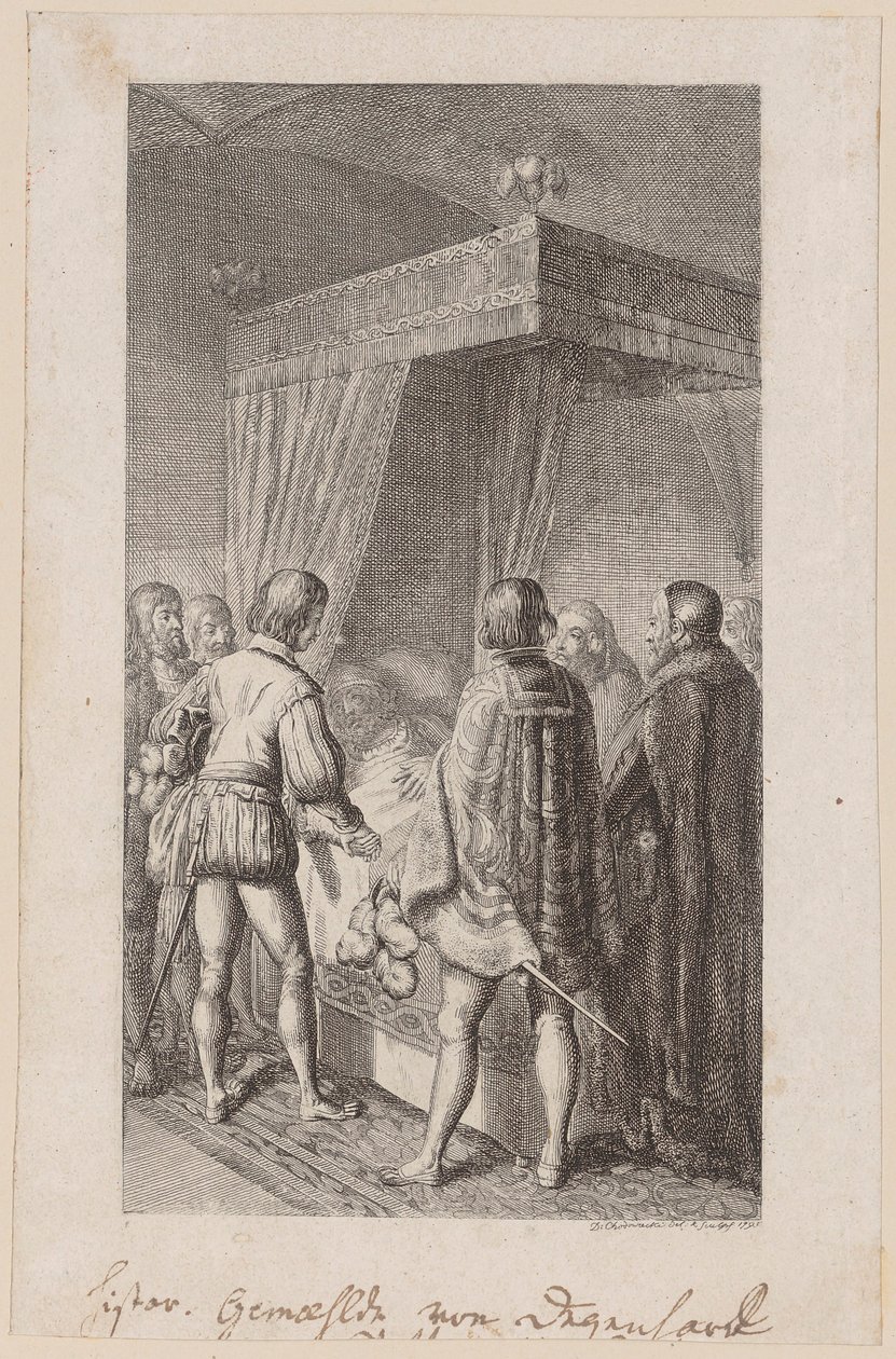 Otto de Illustere laat zijn zoon Hendrik op zijn sterfbed beloven dat hij nooit naar de Duitse kroon zal streven door Daniel Nikolaus Chodowiecki