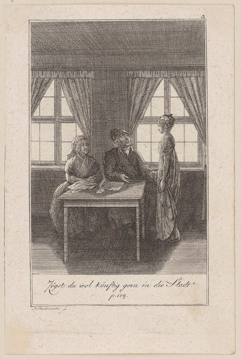 De dominee vraagt zijn dochter of ze naar de stad wil verhuizen, blad 3 van de aflevering „De roeping naar de stad“ door Daniel Nikolaus Chodowiecki