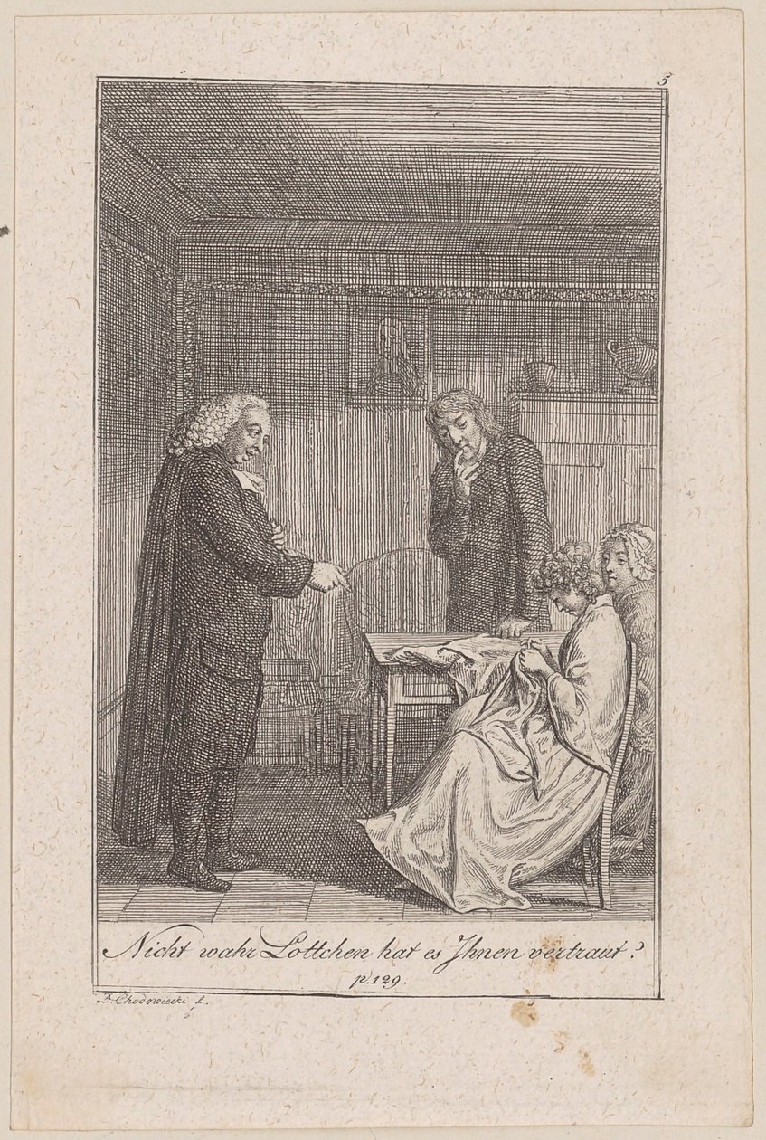 De dominee van Morkendorf brengt Minchen in verlegenheid, blad 5 uit de reeks „De roep naar de stad” door Daniel Nikolaus Chodowiecki