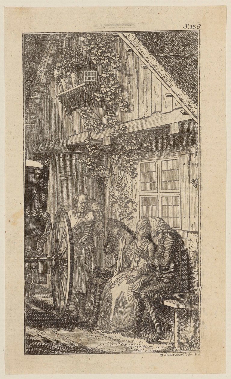 Sebaldus, Mariane en een zuigeling op een bankje voor de boerderij door Daniel Nikolaus Chodowiecki