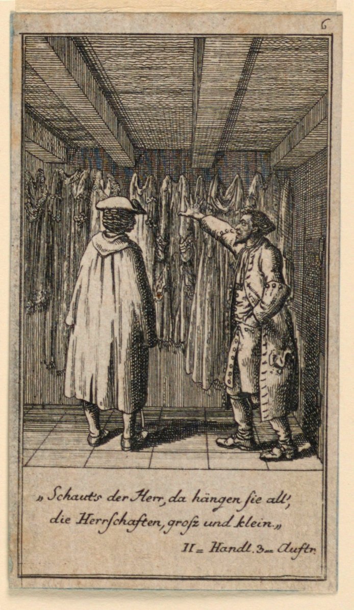 De Kostuumhandelaar, Illustratie van het Toneelstuk "Nicht mehr als sachs Schuesseln" door Fredrich Wilhelm Grossman in "Königl: Grosbrit [anische] Genealogischer Kalender auf das 1782 Jahr Lauenberg bey J.G. Berenberg" door Daniel Nikolaus Chodowiecki