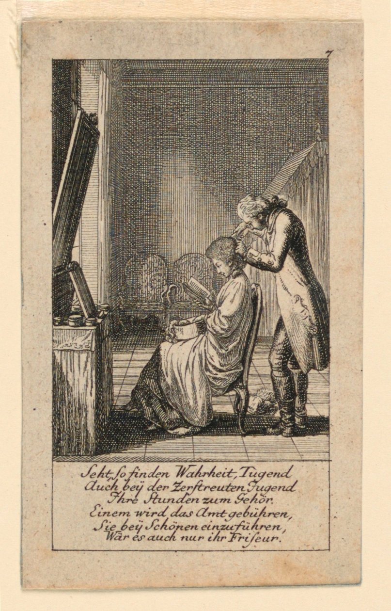 Het kapsel, illustratie voor "Königl: Grosbrit [anische] Genealogischer Kalender auf das 1780 Jahr Lauenberg bey J.G. Berenberg" door Daniel Nikolaus Chodowiecki