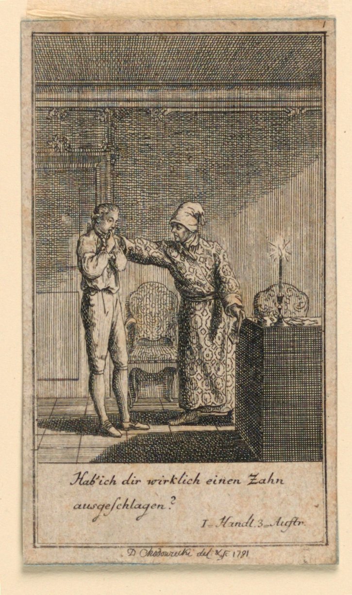 De Klap in het Gezicht, Illustratie van het Toneelstuk "Nicht mehr als sachs Schuesseln" door Fredrich Wilhelm Grossman in "Königl: Grosbrit [anische] Genealogischer Kalender auf das 1782 Jahr Lauenberg bey J.G. Berenberg" door Daniel Nikolaus Chodowiecki