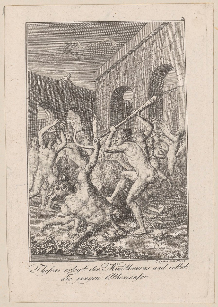 Theseus doodt de Minotaurus en redt de jonge Atheners, blad 3 bij Beckers "Theseus" door Daniel Nikolaus Chodowiecki
