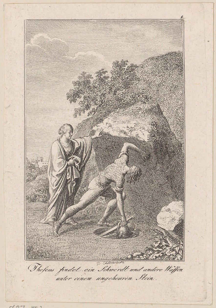 Theseus vindt een zwaard en andere wapens onder een steen, plaat 1 bij Beckers "Theseus" door Daniel Nikolaus Chodowiecki