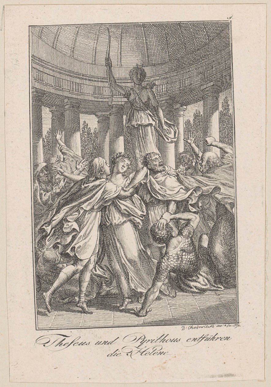 Theseus en Pirithoüs ontvoeren Helena, plaat 5 bij Beckers "Theseus" door Daniel Nikolaus Chodowiecki