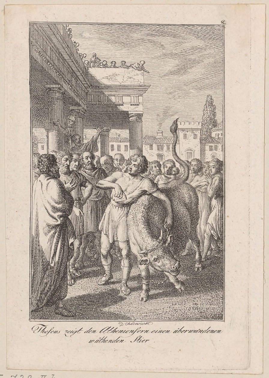 Theseus toont de Atheners een overwonnen woeste stier, blad 2 bij Beckers „Theseus” door Daniel Nikolaus Chodowiecki