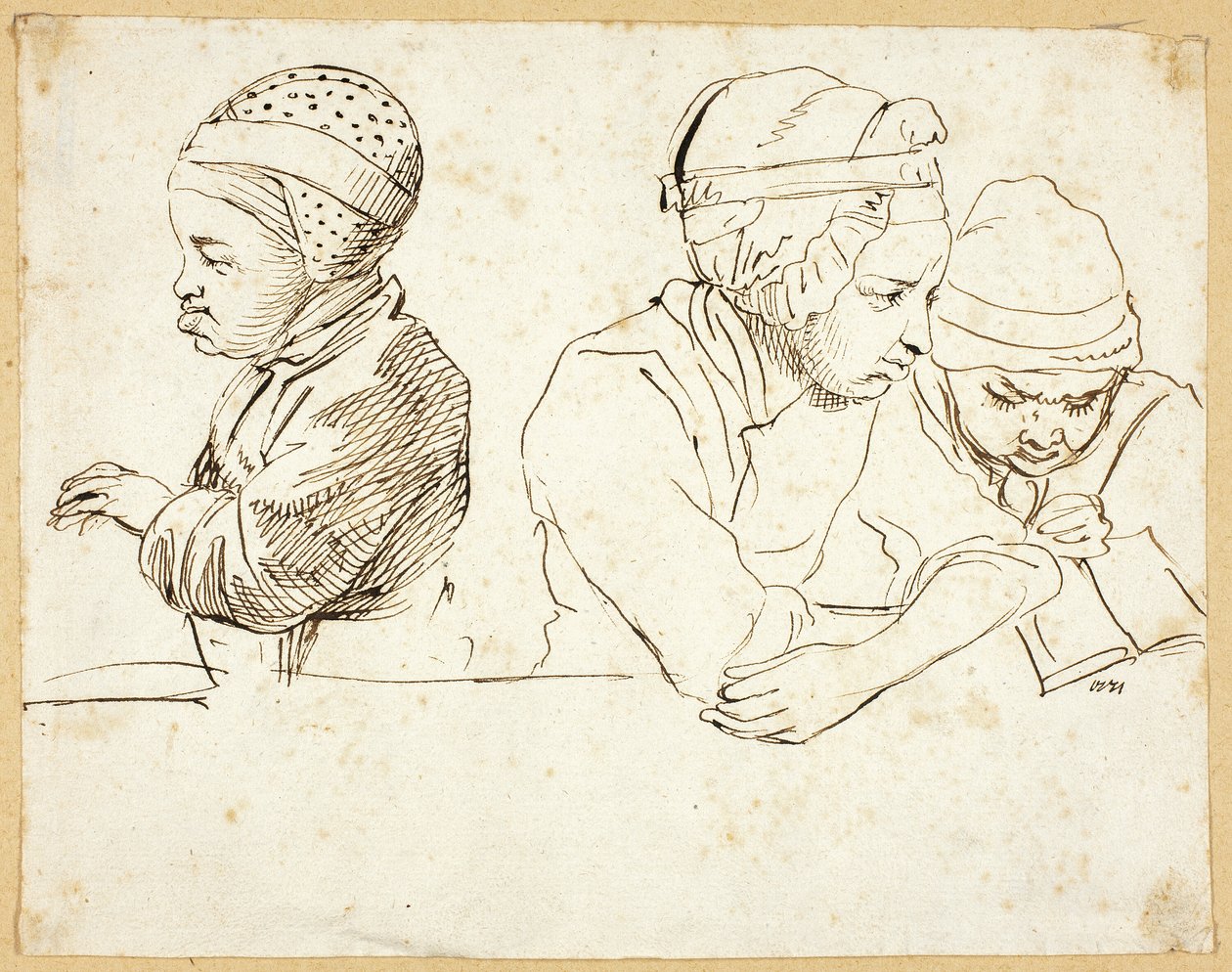Drie kinderen (recto); Schetsen van hoofd, ogen, lippen en bloemen (verso) door Daniel Nikolaus Chodowiecki