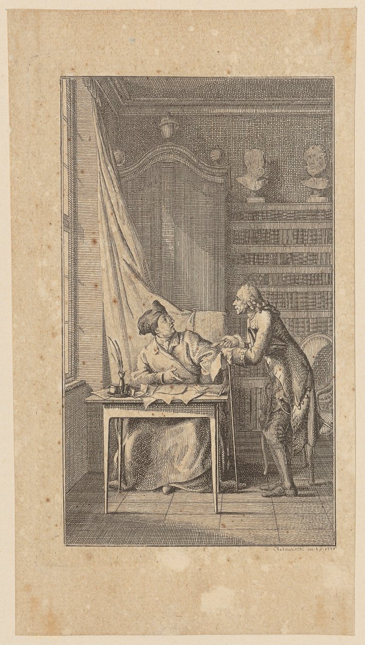 Titelgravure voor Webers „Leben, Thaten und Meinungen des Dr. J. Peter Menadie“, eerste deel door Daniel Nikolaus Chodowiecki