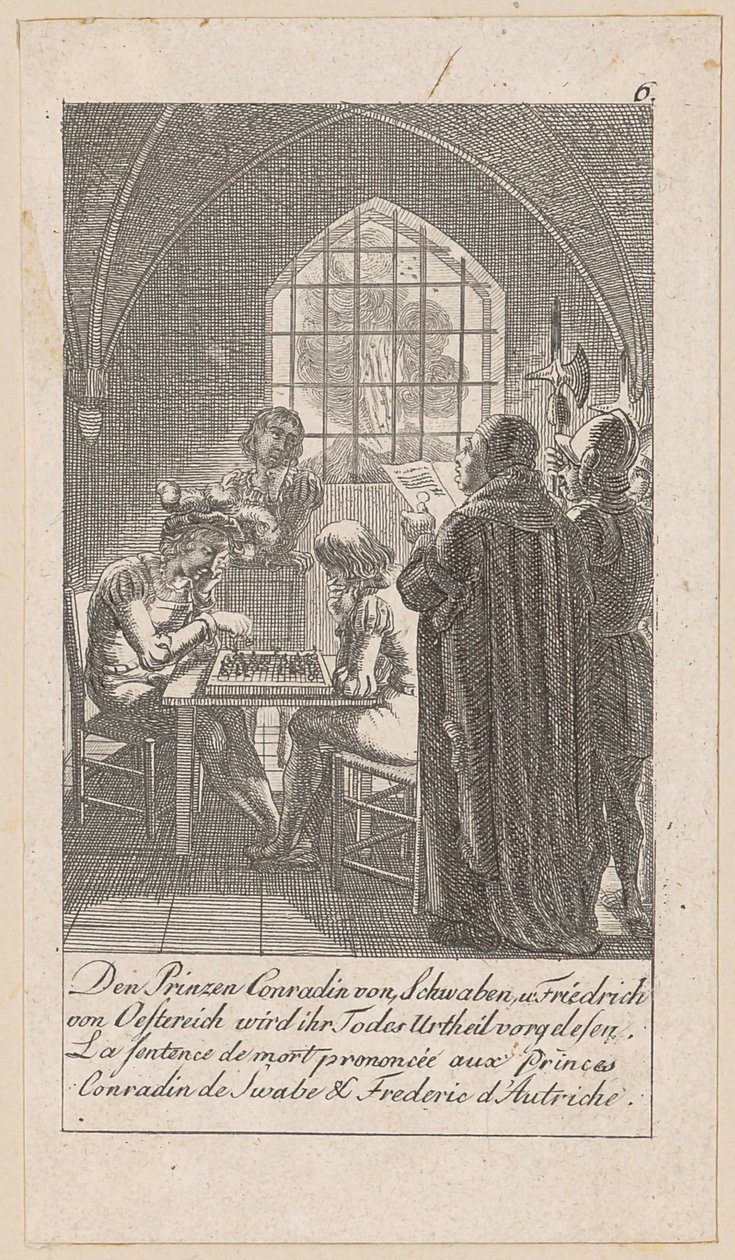 Doodvonnis van de prinsen Koenraad van Zwaben en Frederik van Oostenrijk, plaat 6 uit de reeks "Oude, middeleeuwse en moderne geschiedenis" door Daniel Nikolaus Chodowiecki