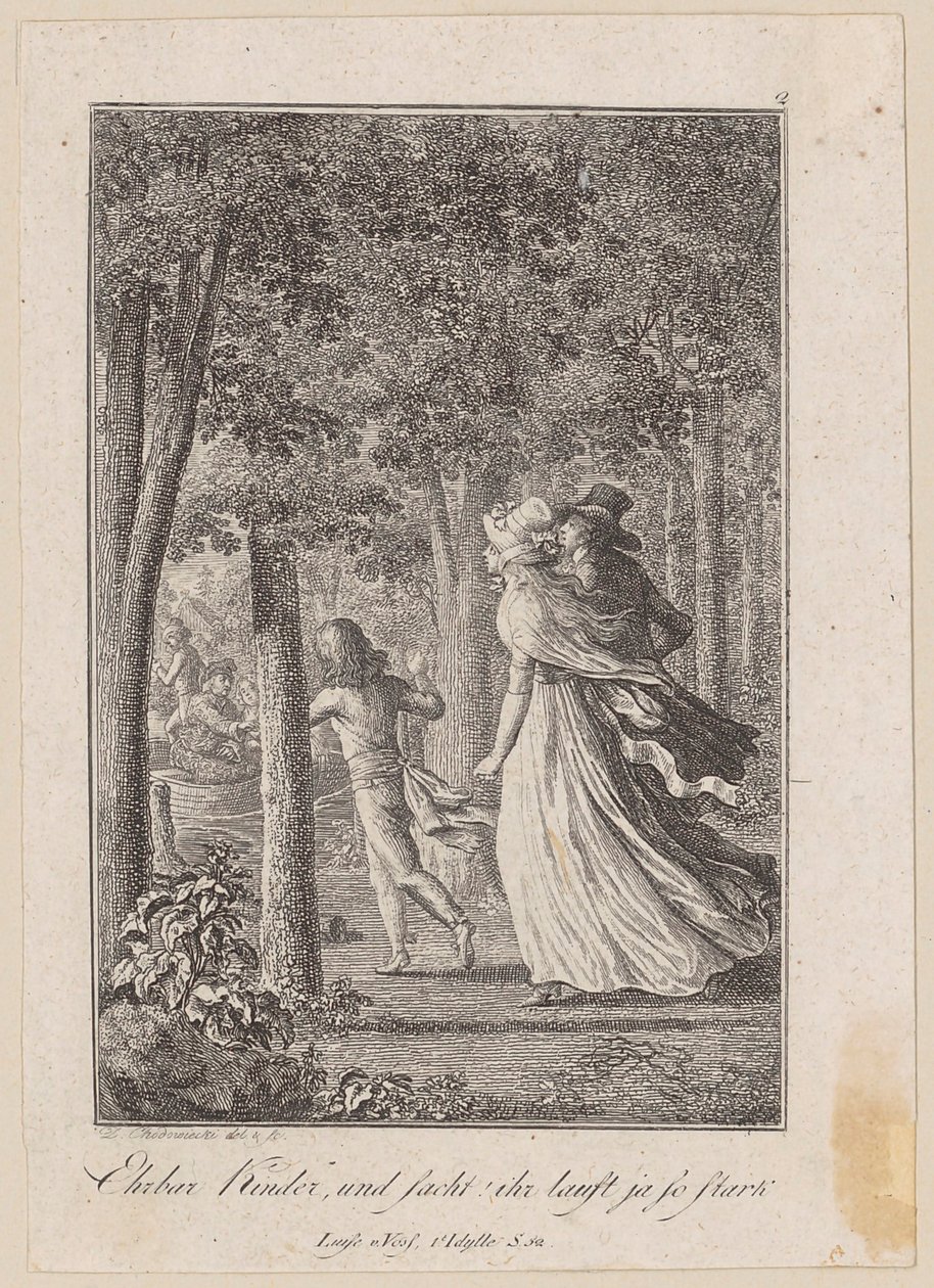 Walter, Luise en Karl ontmoeten in het bos een aanmerende boot door Daniel Nikolaus Chodowiecki