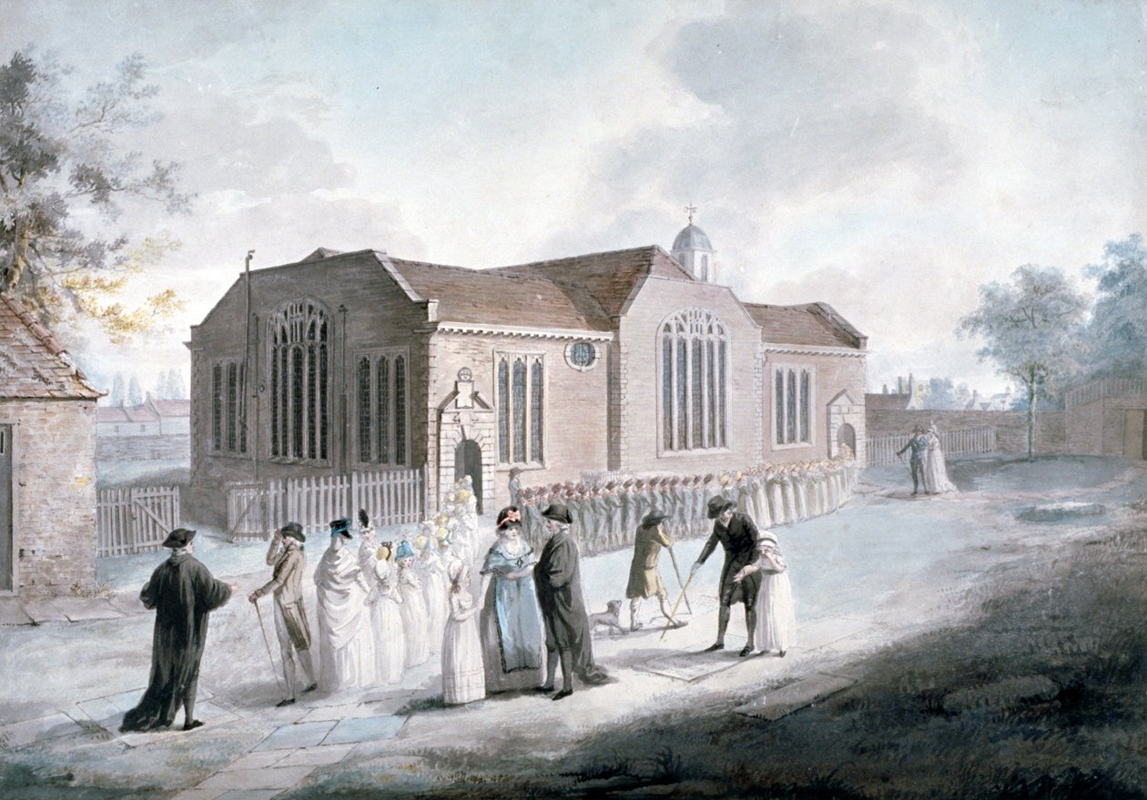 Een processie van schoolkinderen die Broadway Chapel binnengaan, Westminster, Londen, 1797 door Daniel Orme