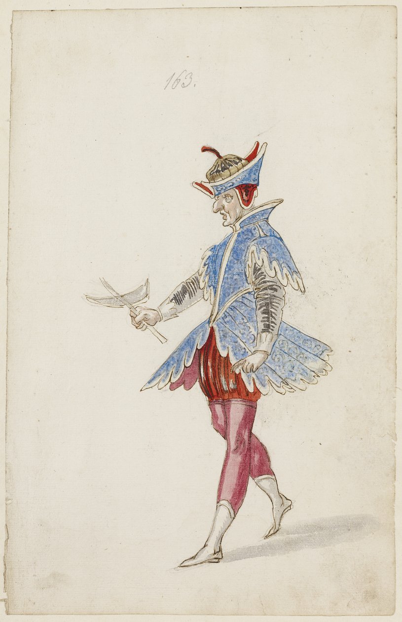 Mannelijke figuur in een blauw en rood kostuum van het Ballet des quatre saisons de l