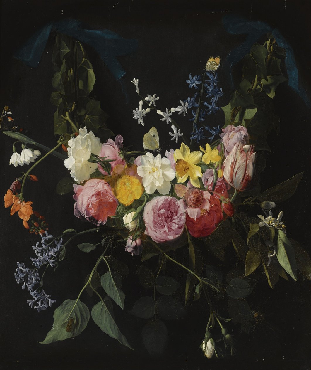 Bloemenkrans opgehangen aan twee blauwe linten door Daniel Seghers