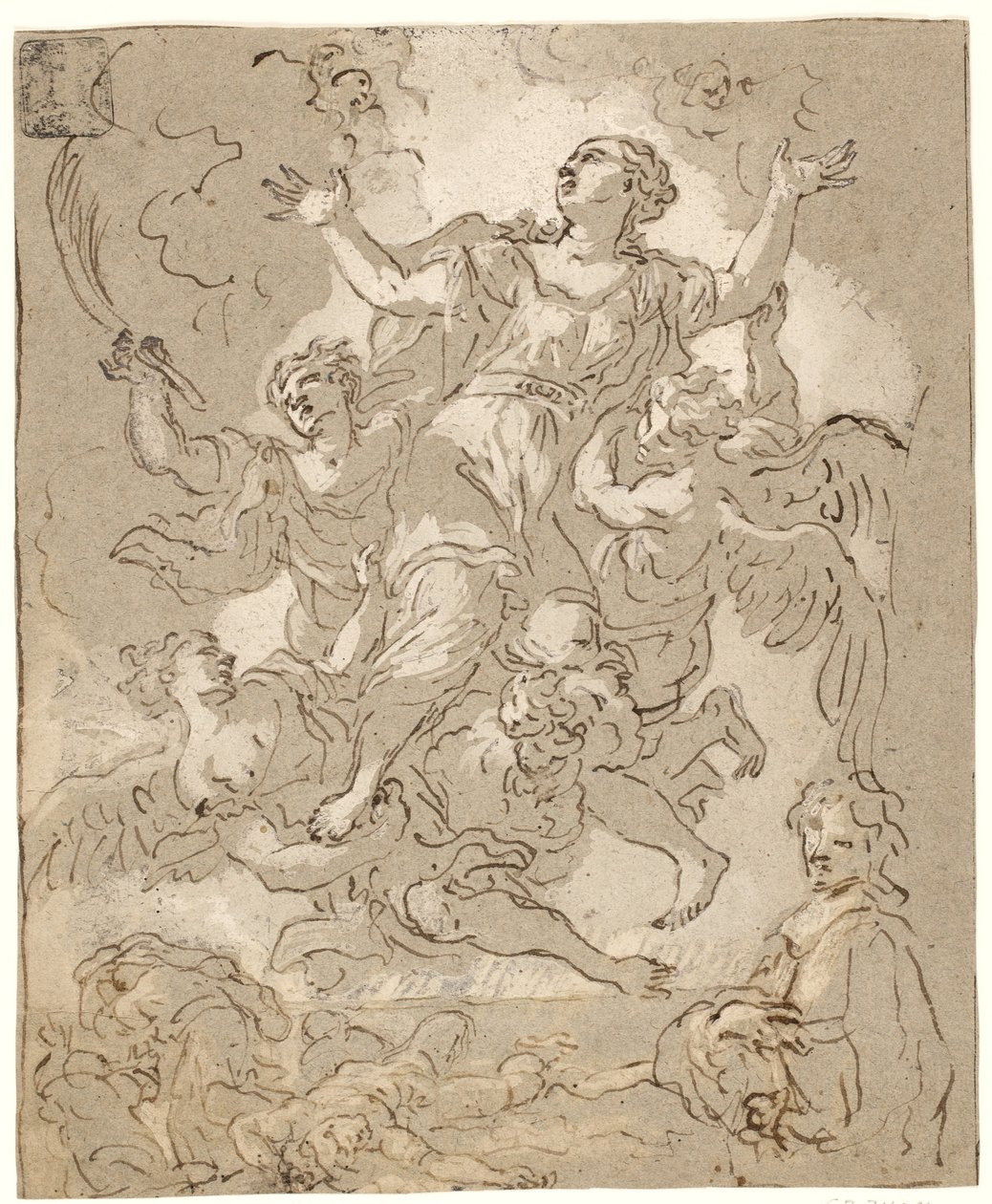 St. Rosalia in glorie met stervende en rennende figuren en een mannelijke halflengte eronder door Daniel Seiter