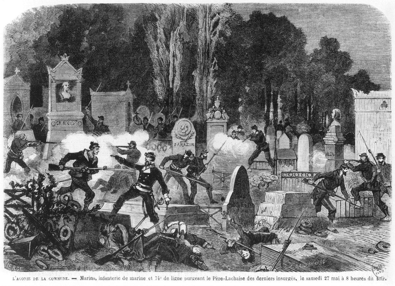 Agonie van de Commune, laatste gevechten op de Begraafplaats van Père Lachaise, gegraveerd door Louis Joseph Amedee Daudenarde (d.1907) illustratie uit 