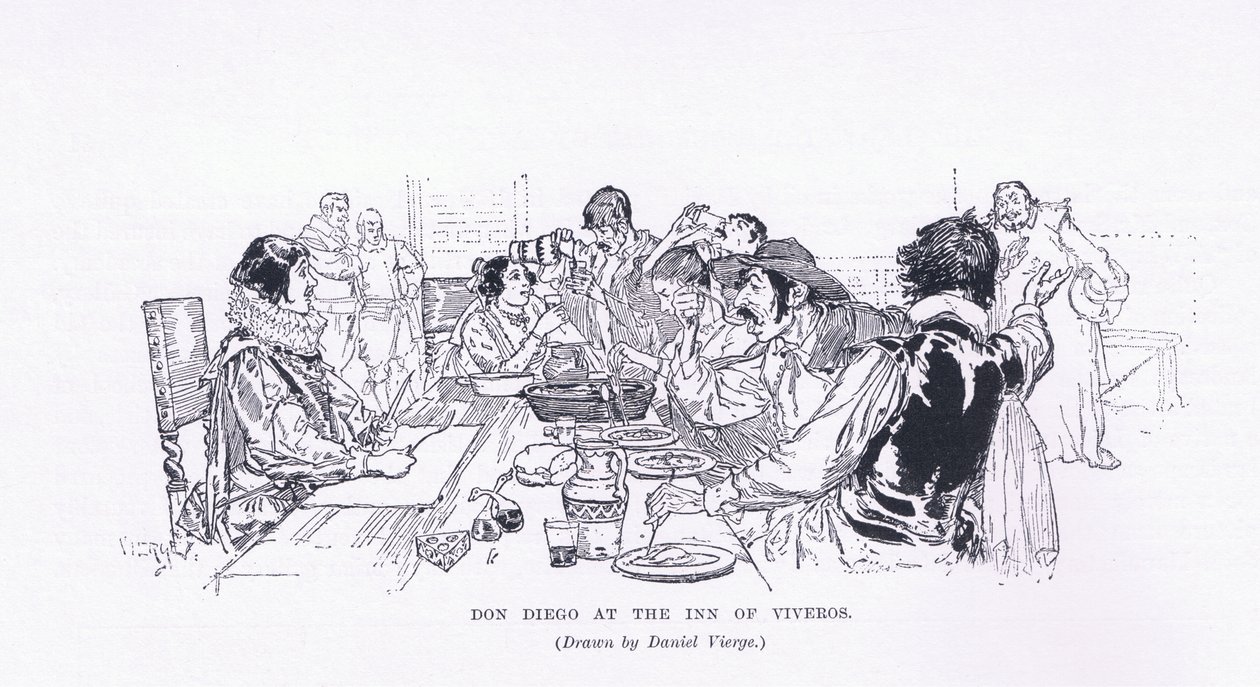 Don Diego in de herberg van Viveros, uit The Magazine of Art 1893, Cassell and Company door Daniel Urrabieta Vierge