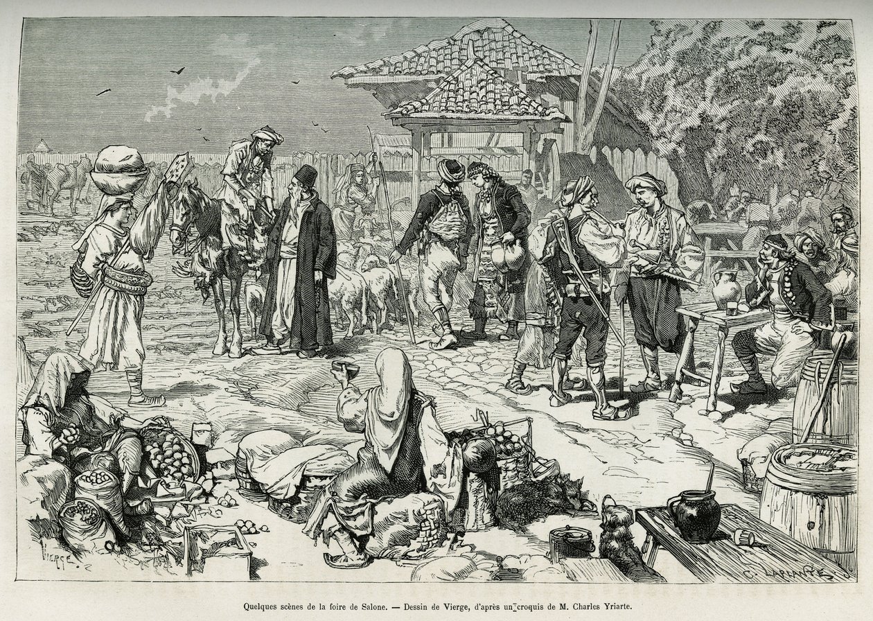 Enkele veelvoorkomende scènes van de Salone-beurs (Kroatië), verkoop van fruit, groenten, gevogelte en lammeren, evenals tafels die zijn opgesteld om te desalteren. Gravure naar de tekening van Virgo, ter illustratie van de reis naar Dalmatië, door Charles door Daniel Urrabieta Vierge