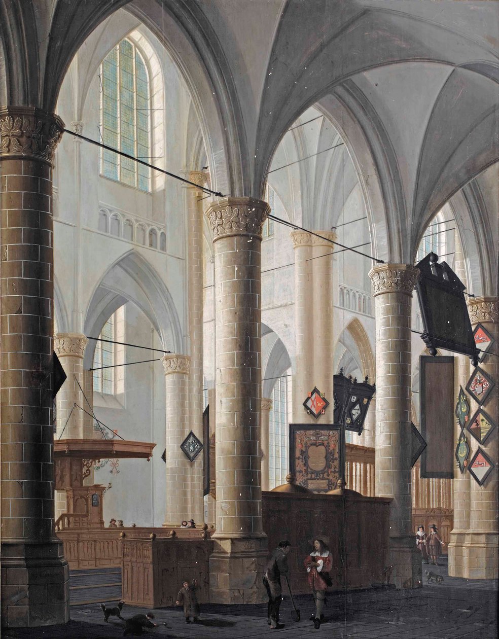 Het interieur van de Grote Kerk in Dordrecht, met pratende figuren en spelende kinderen door Daniel de Blieck