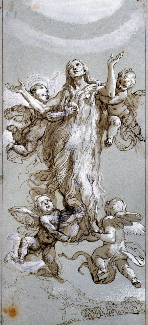 De Hemelvaart van Sint Maria Magdalena geleid door Engelen (tekening) door Daniele Crespi