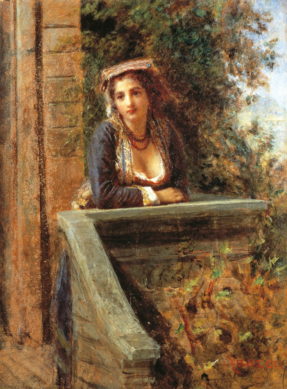 Jong meisje bij raam of jonge vrouw op balkon, door Daniele Ranzoni (1843-1889) door Danielle Ranzoni