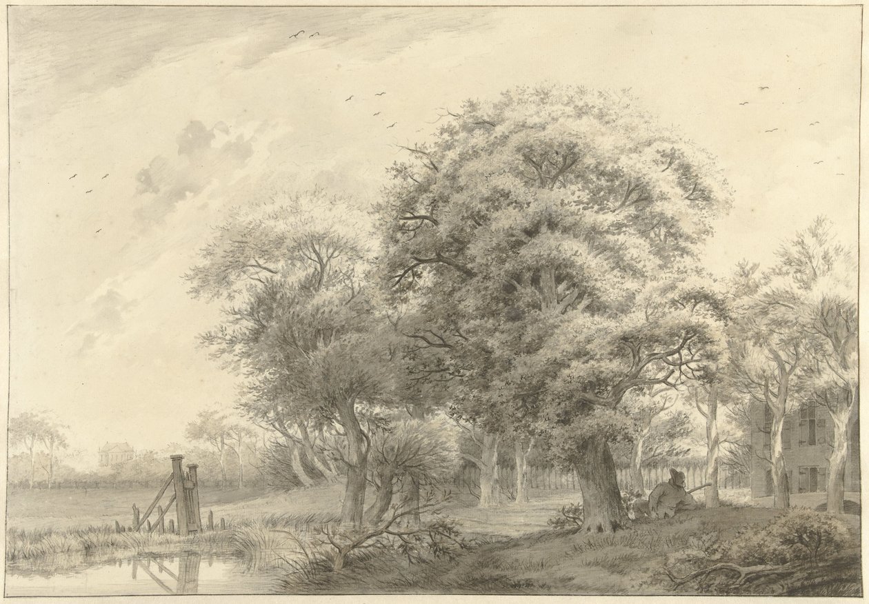 Landschap met op de achtergrond een in neoclassicistische stijl gebouwde buitenplaats door Daniël Kerkhoff