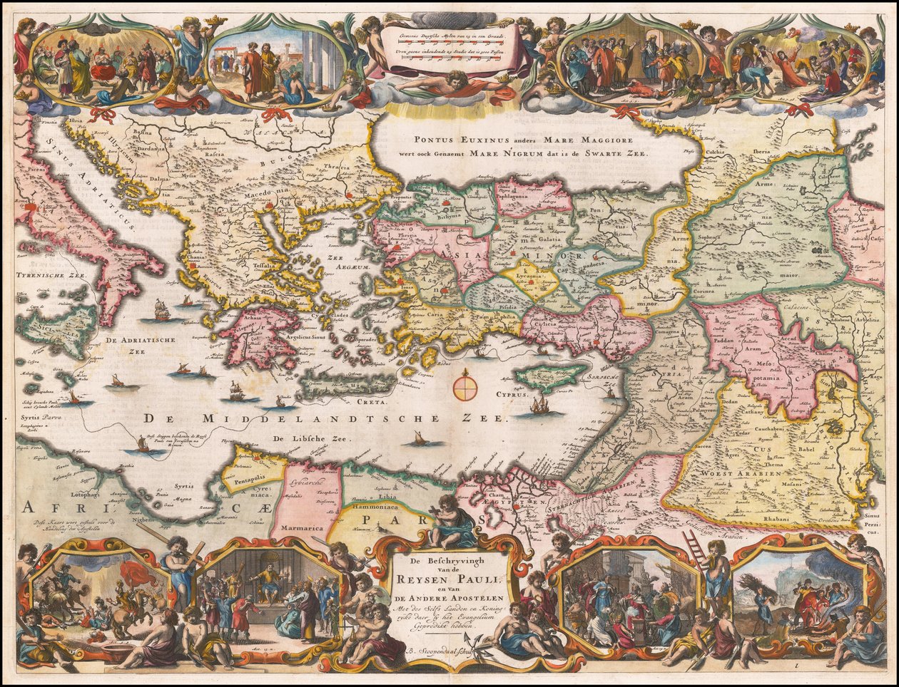 1695 Nederlandse kaart van het oostelijke Middellandse Zeegebied met de reizen van Sint Paulus door Daniël Stopendaal
