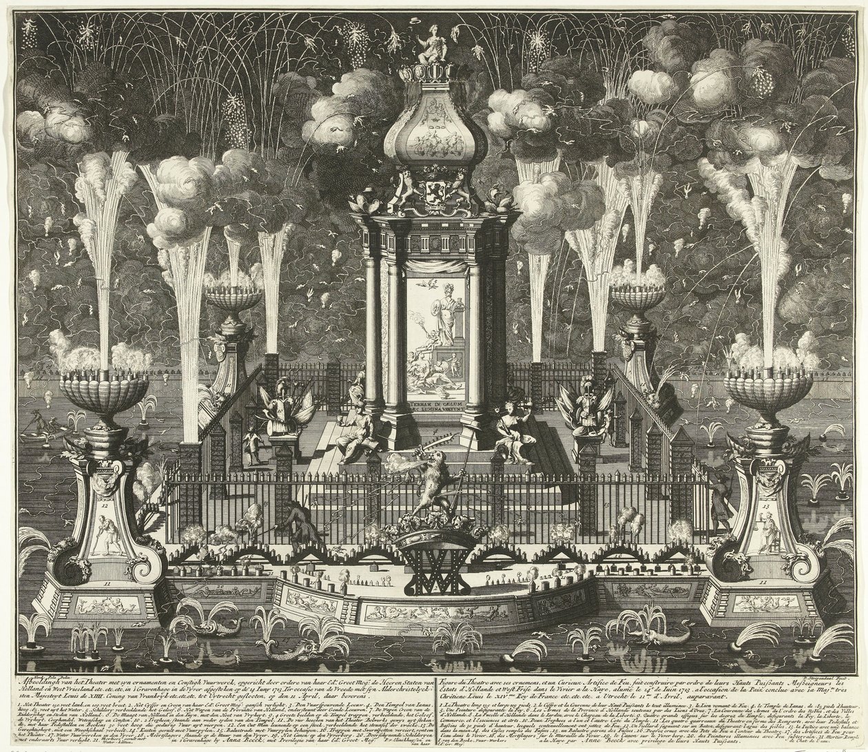 Vuurwerk bij de viering van de Vrede van Utrecht, 1713 door Daniël Stopendaal