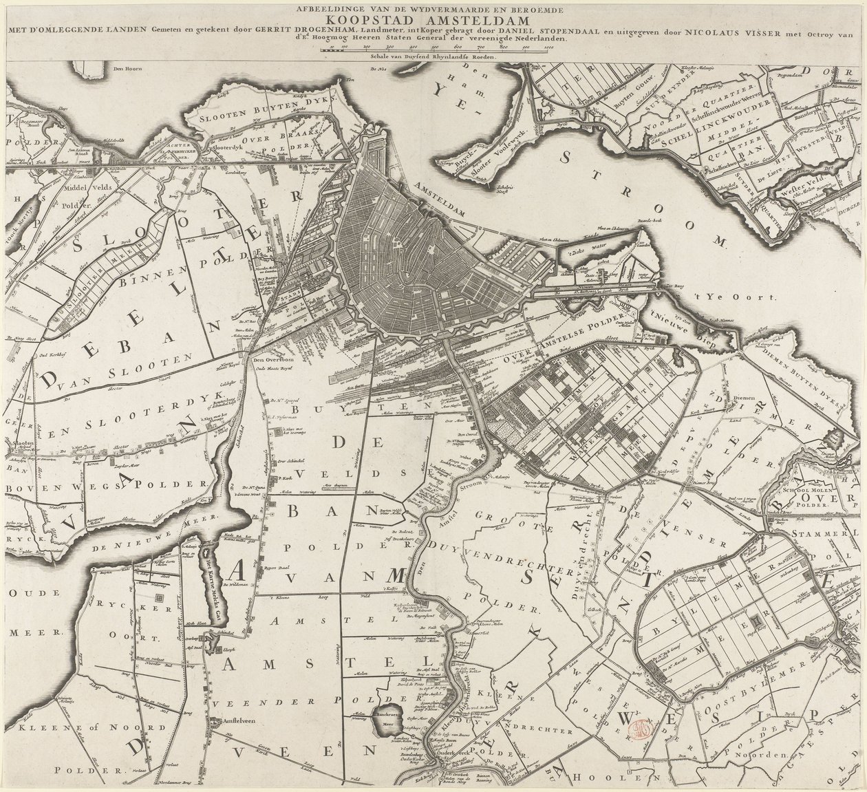 Kaart van Amsterdam en omliggende gebieden door Daniël Stopendael