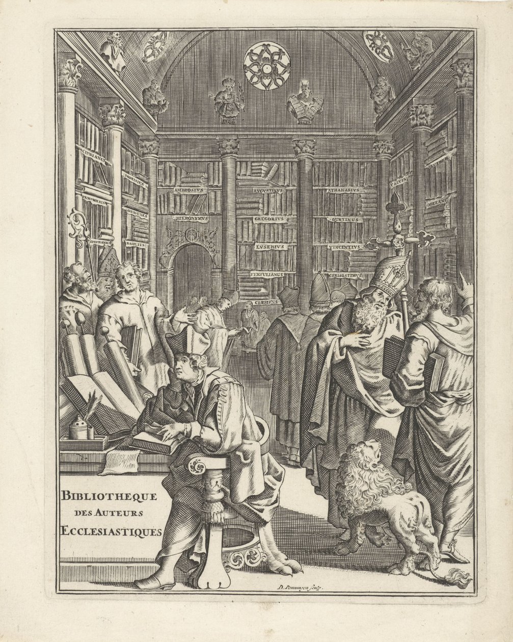 Bibliotheekinterieur met geestelijken door Daniël met de Penningen