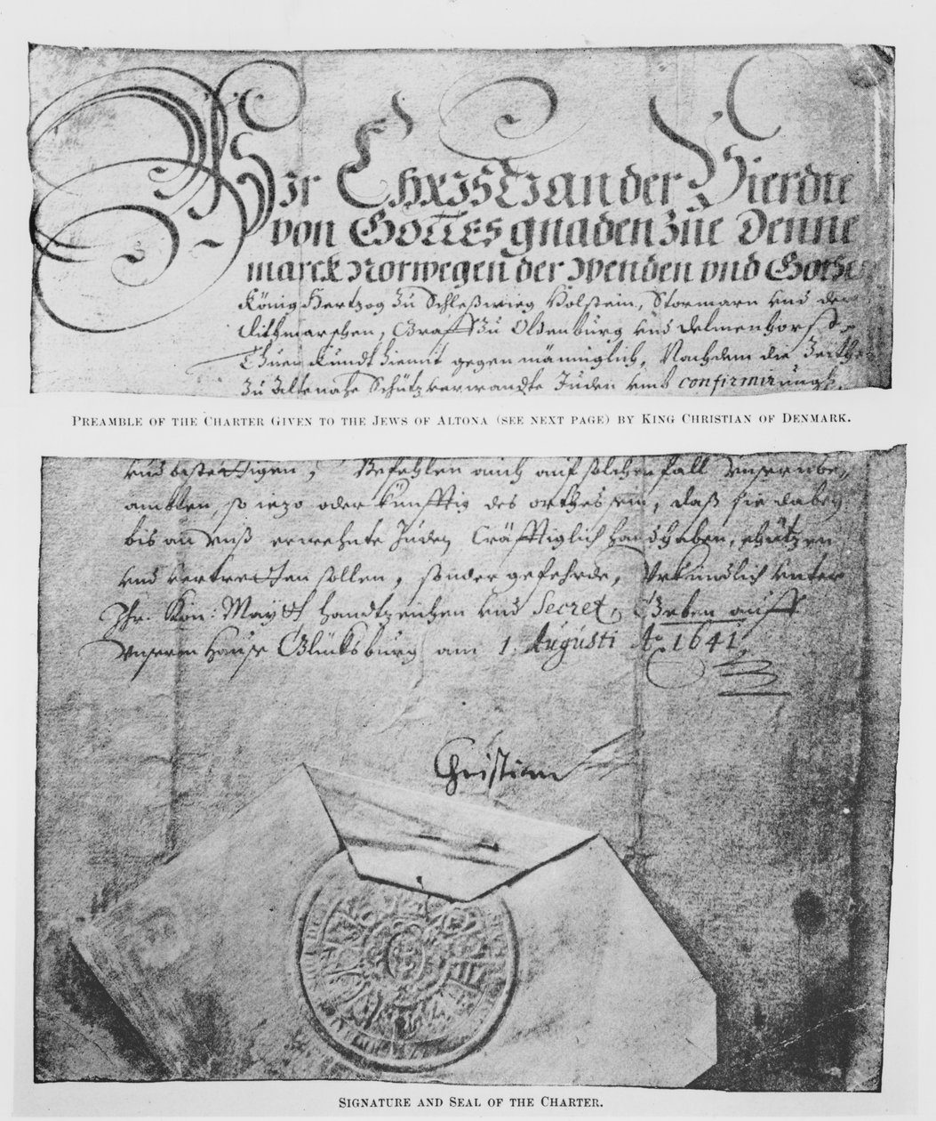 Preambule, handtekening en zegel van het Handvest gegeven aan de Joden van Altona door Koning Christian van Denemarken door Danish School