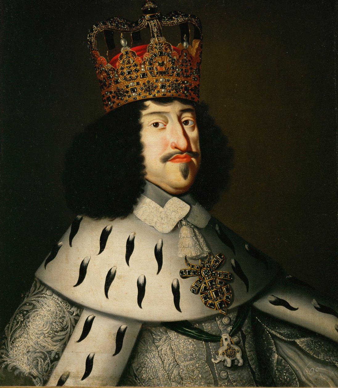 Koning Frederik III van Denemarken en Noorwegen in kroningsgewaden ... (schilderij op doek) door Danish School