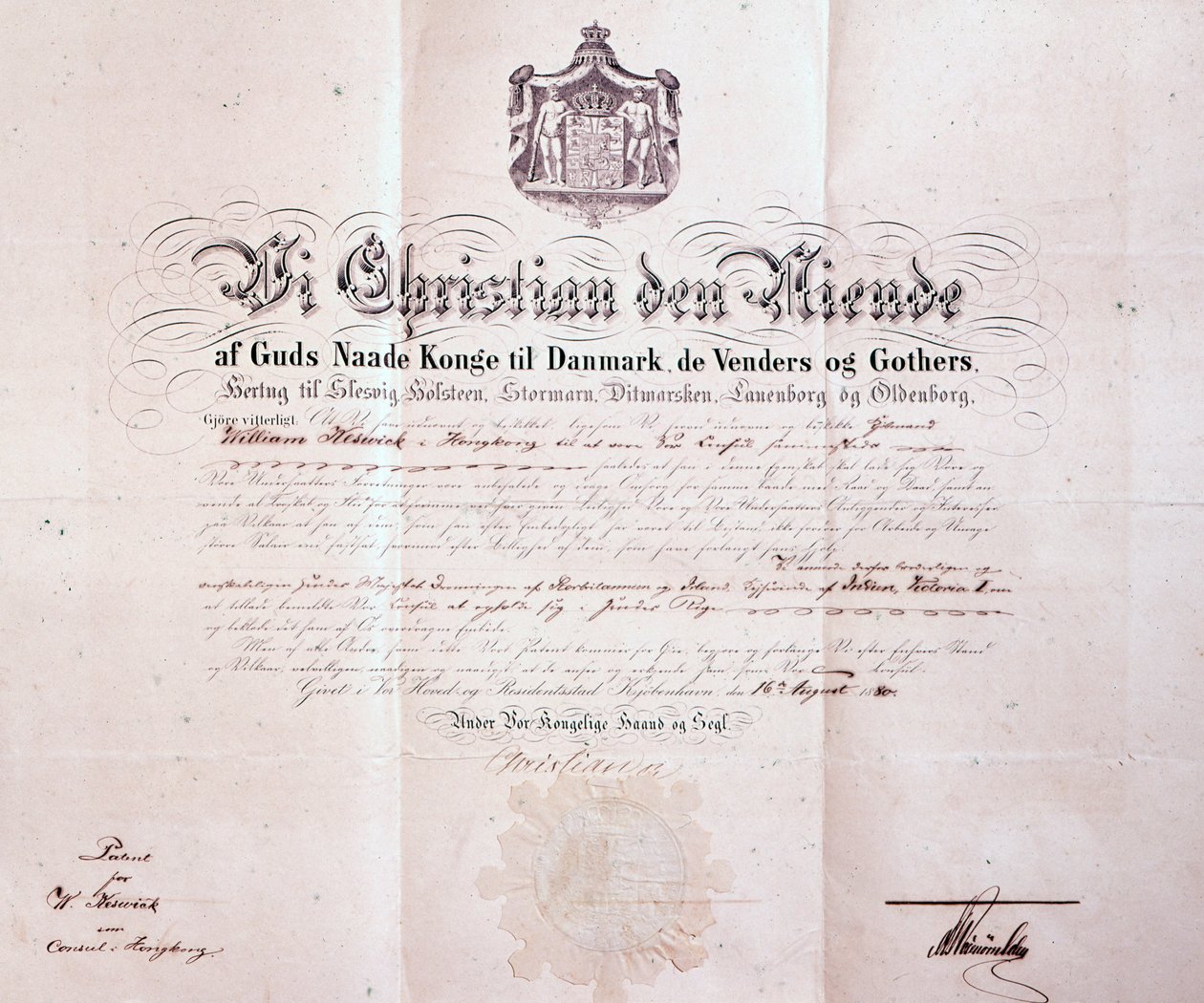 Octrooi ondertekend door Christian IX van Denemarken waarin William Keswick wordt aangesteld als Deens consul in Hong Kong, China, 1880 door Danish School
