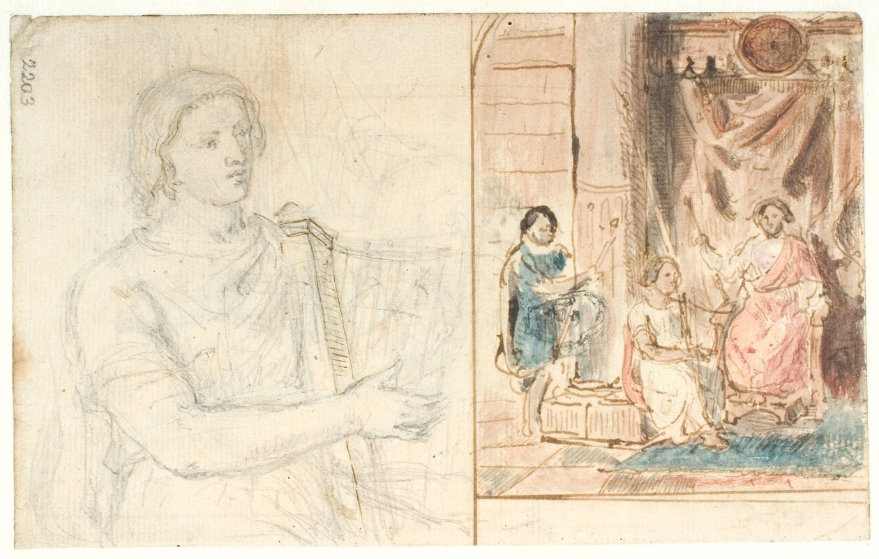 David speelt harp voor Saul. Links: schets voor de David-figuur door Dankvart Dreyer