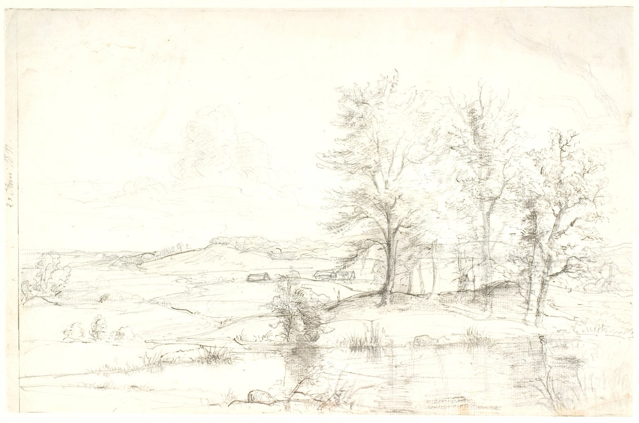 Uitzicht over een heuvelachtig bosrijk landschap. Op de voorgrond een meer door Dankvart Dreyer