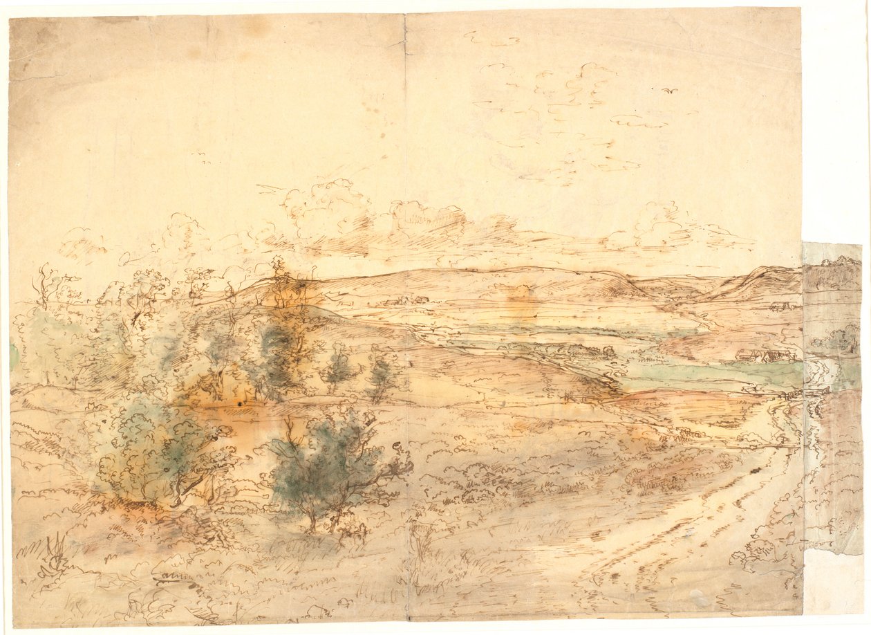 Breed uitzicht over een landschap met grote heuvels rond een weidebeek. West-Fyn? door Dankvart Dreyer