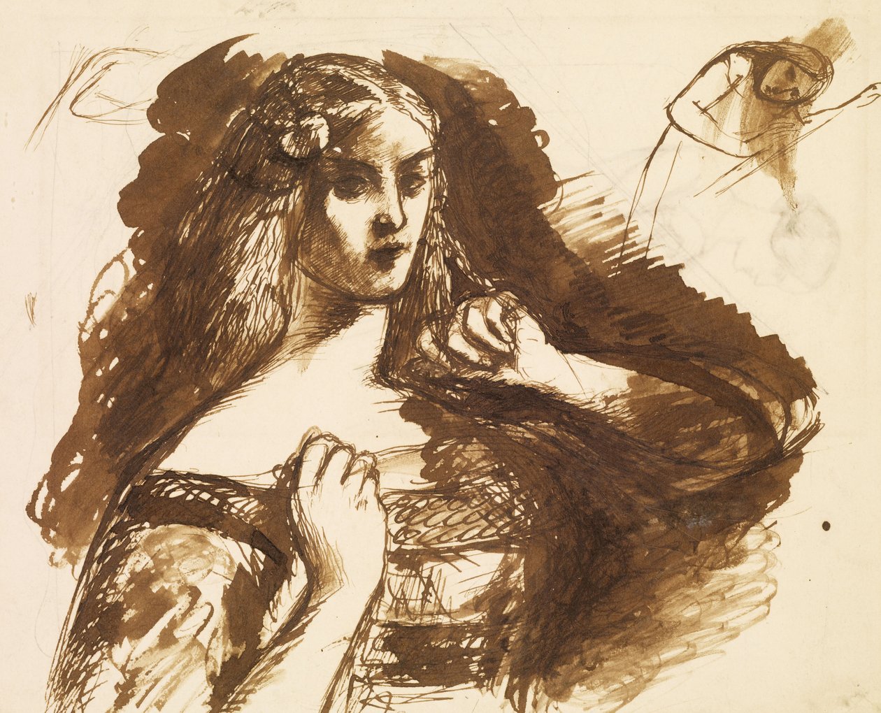 Halflengte schets van een jonge Vrouw door Dante Gabriel Charles Rossetti