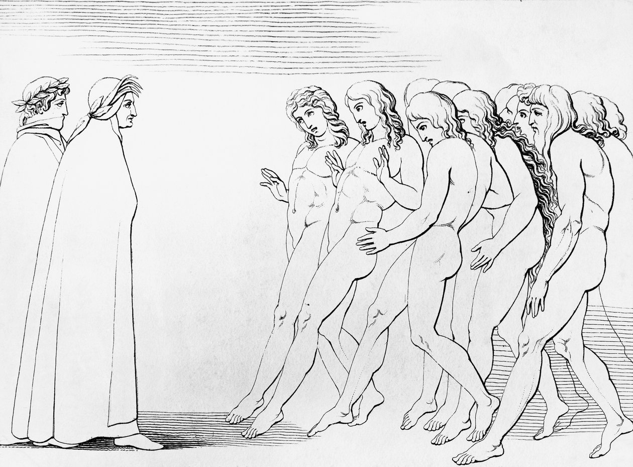 Zielen schrikken bij het zien dat Dante leeft, illustratie voor 3e canto van Purgatorio, Goddelijke Komedie, allegorisch gedicht door Dante Alighieri door Dante Alighieri