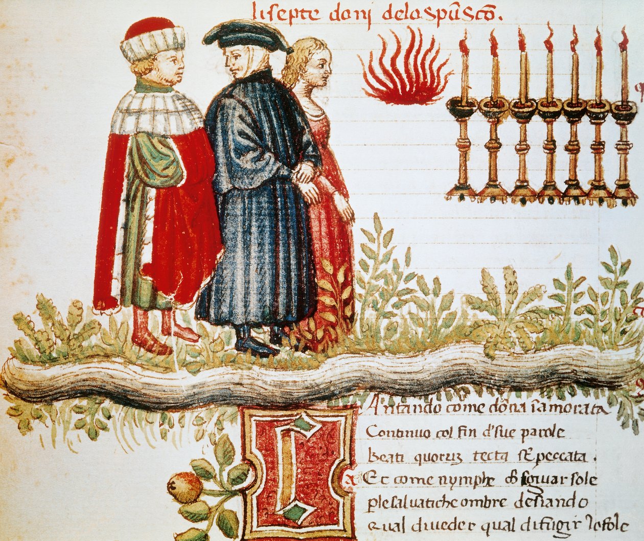 Virgil, Dante en Matelda, Purgatorio, Canto XXIX, geïllustreerde pagina uit de Goddelijke Komedie, door Dante Alighieri door Dante Alighieri