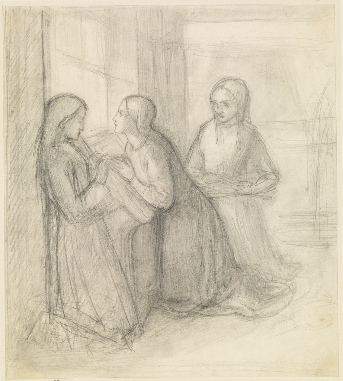 (Mogelijk) De heilige Elisabeth van Hongarije knielend met haar gezellen Isentrudis en Guta door Dante Gabriel Charles Rossetti