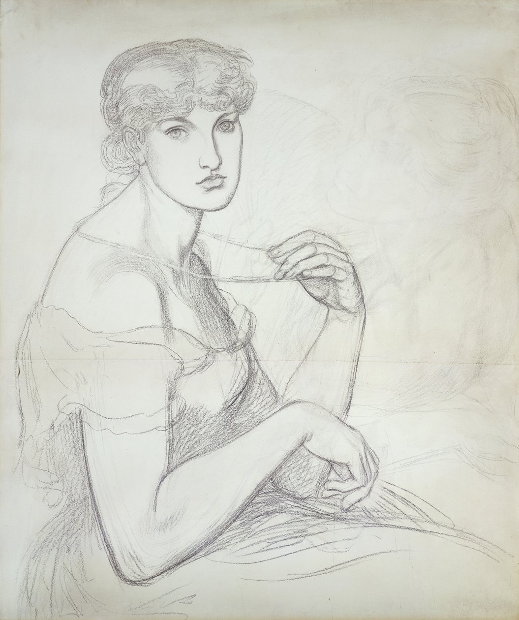 Een zittende vrouw die een ketting vasthoudt, rechts een andere vrouwelijke figuur door Dante Gabriel Charles Rossetti