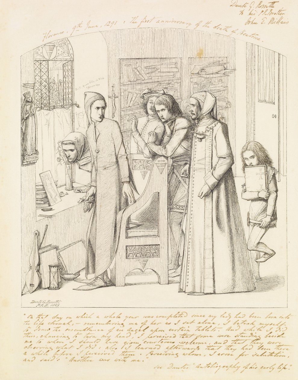 Dante tekent een engel op de eerste verjaardag van de dood van Beatrice, 1848-9 door Dante Gabriel Charles Rossetti