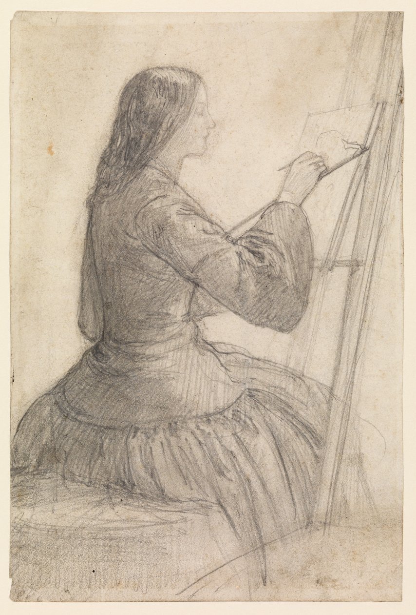 Elizabeth Siddal zittend aan een ezel, schilderend, ca. 1854-55 door Dante Gabriel Charles Rossetti